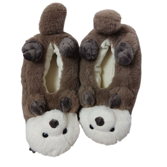 Ooh Geez Cute Otter Plush Slippers Non-Slip Sole Brown & Cream Small 5--6 - Picture 2 of 14